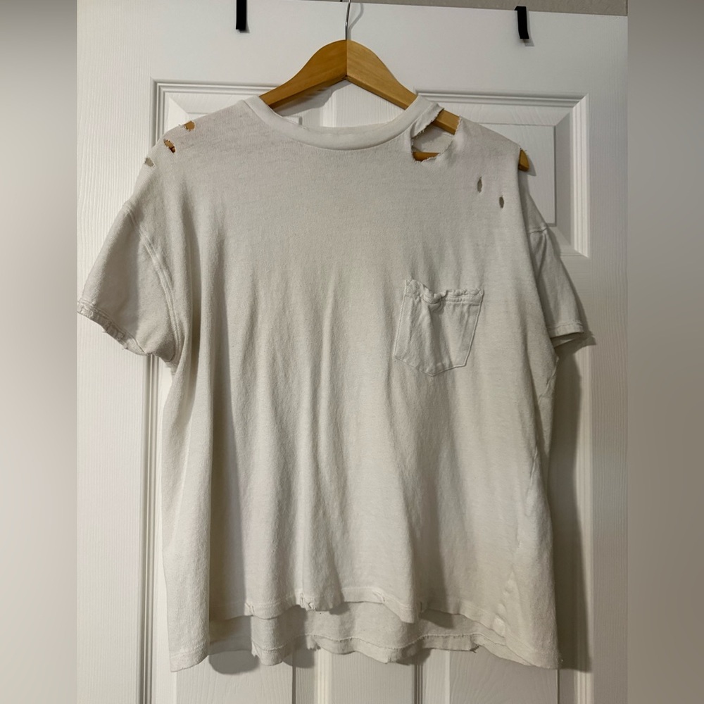 We The Free Rubi Distressed Ivory Short Sleeve Pocket Tee by Free People